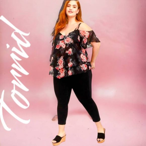 torrid Tops - TORRID Plus Size Black Floral Short Sleeves Chiffon Cold Shoulder Top.